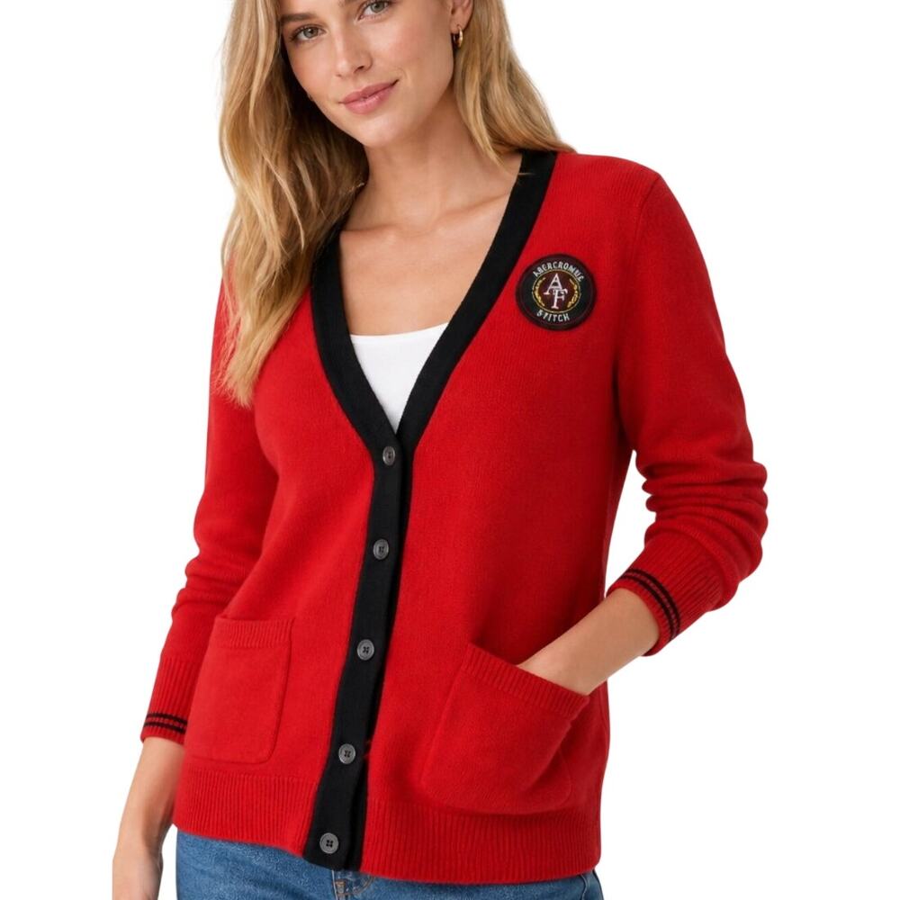 Abercrombie Fitch Cardigan S Red Crest Logo Varsity V Neck Button Preppy